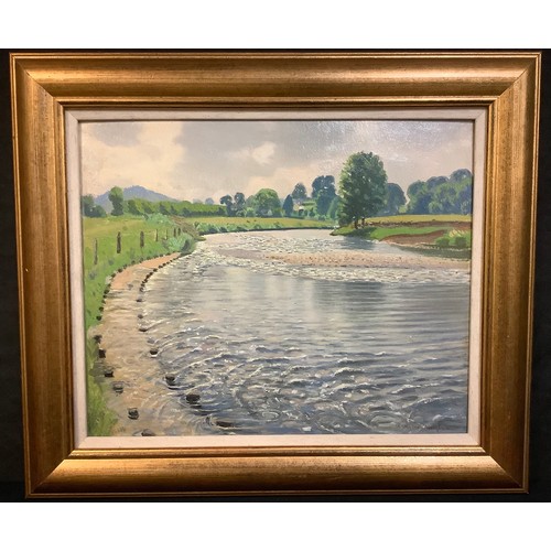 584 - R Morson Hughes  
The Usk from Abergavenny  
signed, oil, 32cm x 39cm