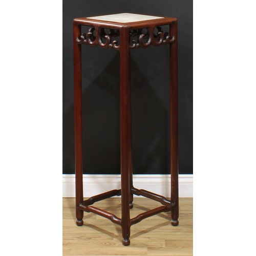 112 - A Chinese hardwood tall vase or jardiniere stand, square top with inset marble panel above a deep fr... 