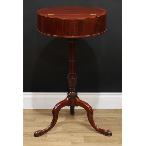 113 - A 19th century rosewood crossbanded mahogany drum occasional table, circular top with hinged cover, ... 