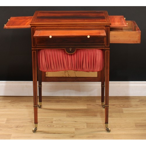 114 - A Sheraton Period mahogany rectangular drawing room work table, rectangular top with pull-up fire sh... 