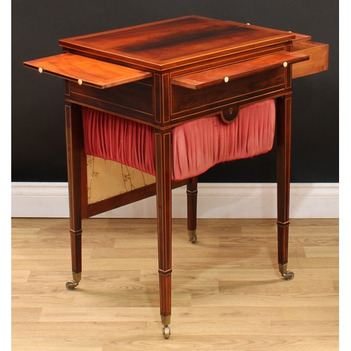 114 - A Sheraton Period mahogany rectangular drawing room work table, rectangular top with pull-up fire sh... 