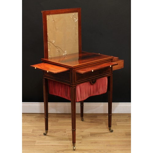 114 - A Sheraton Period mahogany rectangular drawing room work table, rectangular top with pull-up fire sh... 