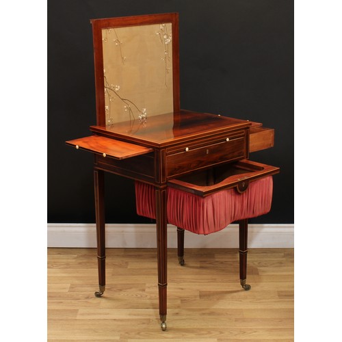 114 - A Sheraton Period mahogany rectangular drawing room work table, rectangular top with pull-up fire sh... 