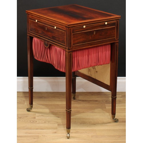 114 - A Sheraton Period mahogany rectangular drawing room work table, rectangular top with pull-up fire sh... 