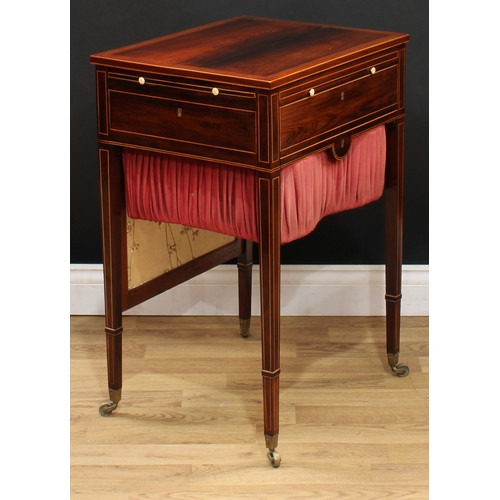 114 - A Sheraton Period mahogany rectangular drawing room work table, rectangular top with pull-up fire sh... 