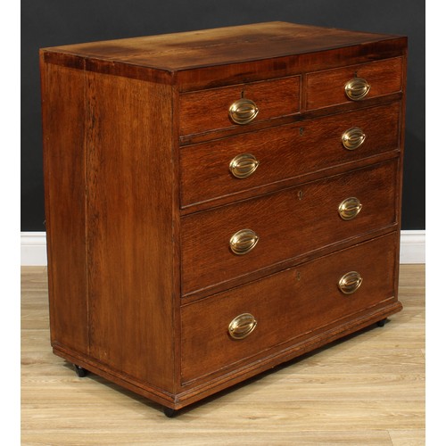 119 - A 19th century mahogany crossbanded oak chest, flush rectangular top above two short and three long ... 