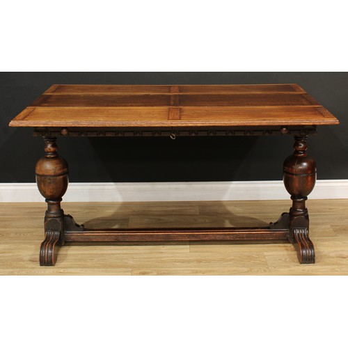 201 - A Jacobean Revival oak extending dining table, 75.5cm high, 137cm long, 61cm opening to 95cm wide; s... 