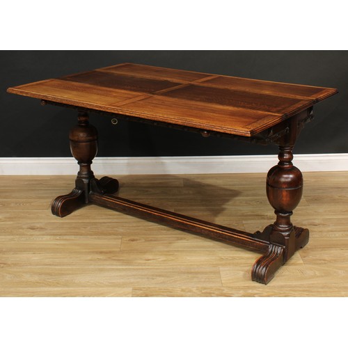 201 - A Jacobean Revival oak extending dining table, 75.5cm high, 137cm long, 61cm opening to 95cm wide; s... 