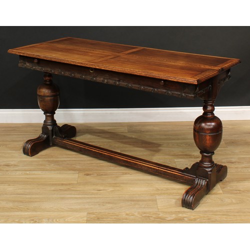 201 - A Jacobean Revival oak extending dining table, 75.5cm high, 137cm long, 61cm opening to 95cm wide; s... 