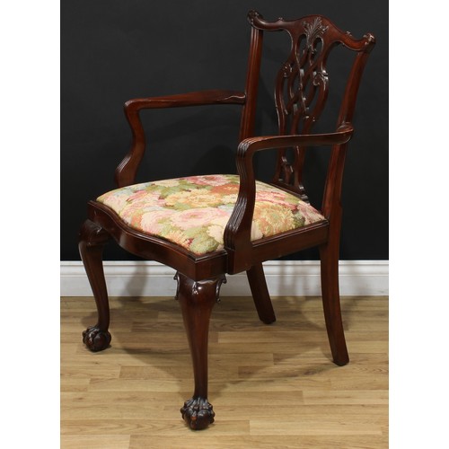 212 - A pair of Chippendale design mahogany open armchairs, each with a bow shaped cresting rail, shaped a... 