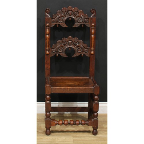 213 - A Charles II style oak Derbyshire chair, 109.5cm high, 46.5cm wide, the seat 36cm deep; a similar lo... 