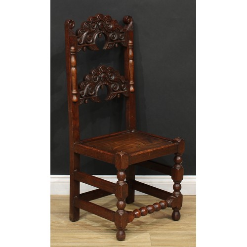 213 - A Charles II style oak Derbyshire chair, 109.5cm high, 46.5cm wide, the seat 36cm deep; a similar lo... 