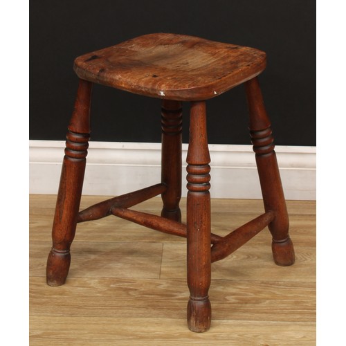 541 - An oak floor-standing height-adjustable lantern lamp; a child's high chair; a stool, stamped T.W. Ed... 