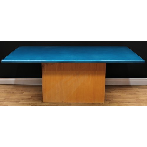 622 - An enamelled lava stone rectangular dining table top, associated base, 72.5cm high, 180.5cm long, 10... 