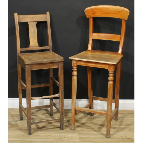 619 - A farmhouse beech tall backstool, 111cm high, 37cm wide, the seat 34cm deep; another, bar-back, 118.... 