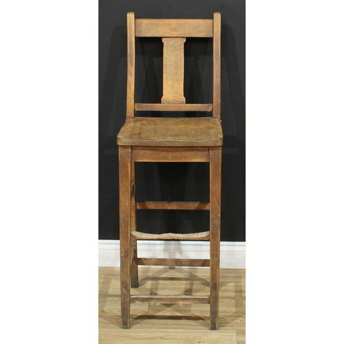 619 - A farmhouse beech tall backstool, 111cm high, 37cm wide, the seat 34cm deep; another, bar-back, 118.... 