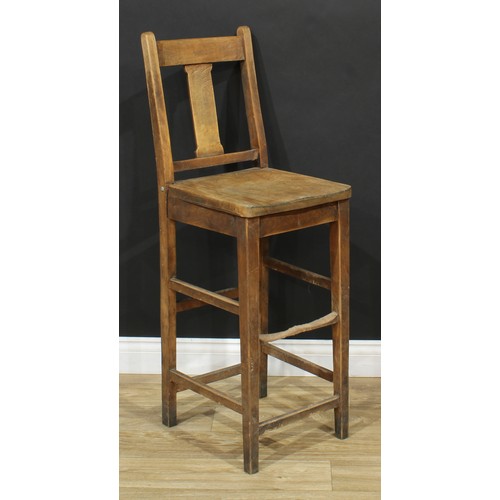 619 - A farmhouse beech tall backstool, 111cm high, 37cm wide, the seat 34cm deep; another, bar-back, 118.... 