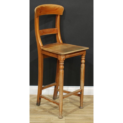 619 - A farmhouse beech tall backstool, 111cm high, 37cm wide, the seat 34cm deep; another, bar-back, 118.... 