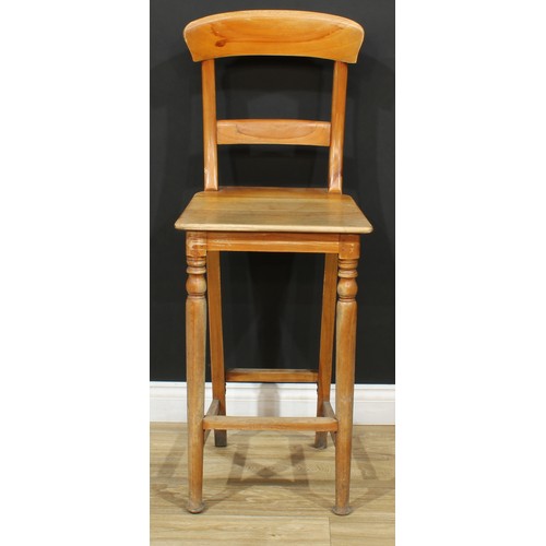 619 - A farmhouse beech tall backstool, 111cm high, 37cm wide, the seat 34cm deep; another, bar-back, 118.... 