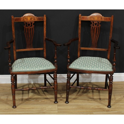 631 - A pair of Edwardian inlaid salon chairs, 94cm high, 58cm wide, the seat 43cm wide and 40cm deep (2)