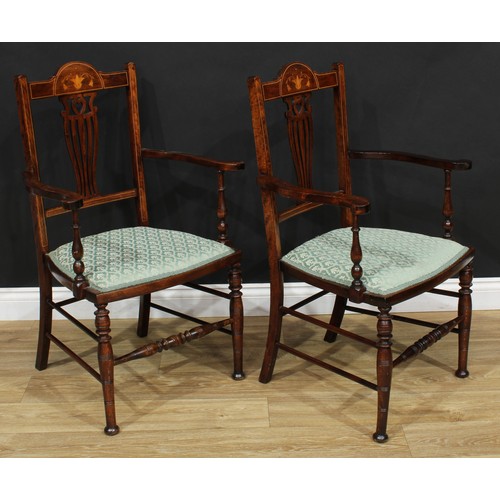 631 - A pair of Edwardian inlaid salon chairs, 94cm high, 58cm wide, the seat 43cm wide and 40cm deep (2)