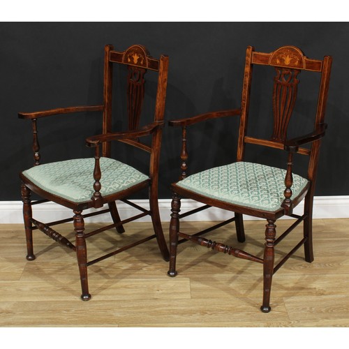 631 - A pair of Edwardian inlaid salon chairs, 94cm high, 58cm wide, the seat 43cm wide and 40cm deep (2)