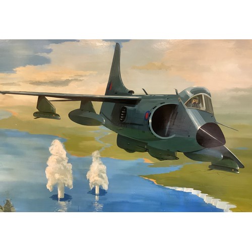 635 - English School (20th century)
A Harrier Jump Jet, Bombing Run Over the Falkland's, above RAF Motifs
... 