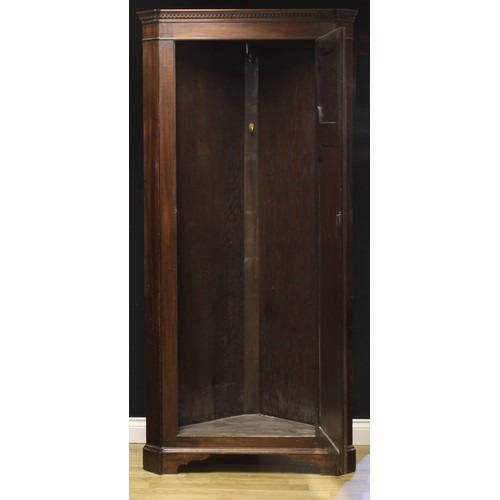 115A - A 19th century mahogany floor-standing splay-fronted corner cupboard, dentil cornice, full length do... 