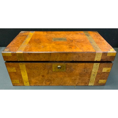 170 - A Victorian walnut and brass bound folding writing box, flush handles, 51cm wide, c.1870
