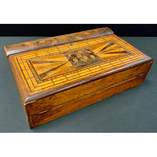 184 - A Victorian parquetry and walnut inlaid writing slope, 13cm high, 44cm wide, 29cm deep.