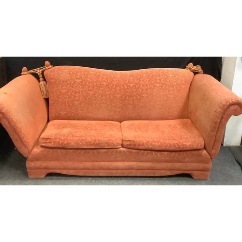174 - A Parker Knoll style drop arm sofa, scroll arms, russett floral upholstery, 80cm high x 230cm wide x... 