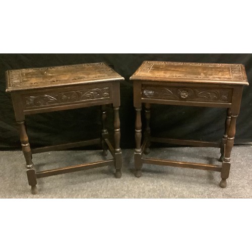 178 - A pair of 17th century style oak low boys, carved rectangular tops above a long drawer, turned legs,... 