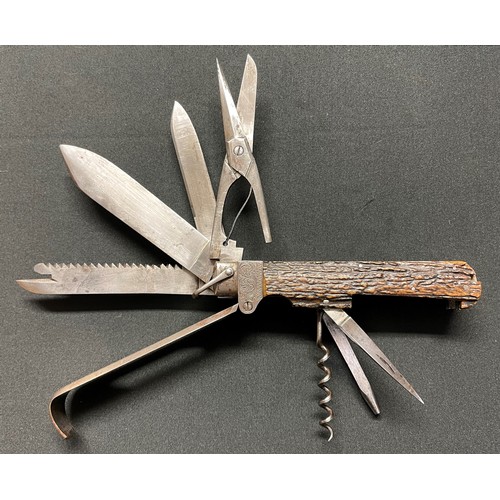 53 - Victorian Multi Tool Penknife with three blades, Scissors, Corkscrew, leather hole punch and spike p... 