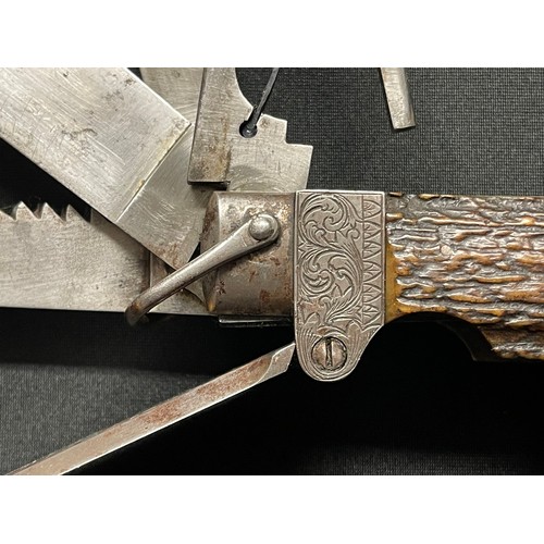 53 - Victorian Multi Tool Penknife with three blades, Scissors, Corkscrew, leather hole punch and spike p... 