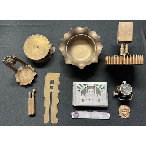 71 - WW1 & WW2 British Trench Art collection to include: WW1 Matchbox stand and ashtray dedicated to Nott... 