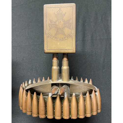 71 - WW1 & WW2 British Trench Art collection to include: WW1 Matchbox stand and ashtray dedicated to Nott... 