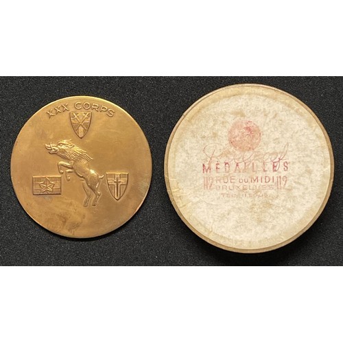 97 - A WW2 British XXX Corps WWII commemorative medallion in original makers cardboard case with Belgian ... 