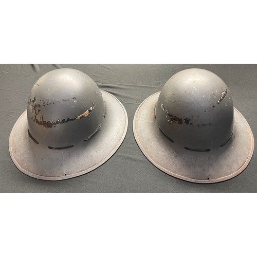 111 - WW2 British Home Front Firewatchers Steel Helmets x 2. Both with original grey paint and complete wi... 