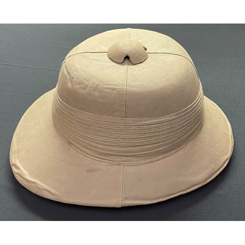 112 - WW2 British pith helmet complete with liner, brown leather chinstrap and Royal Engineers Corps colou... 