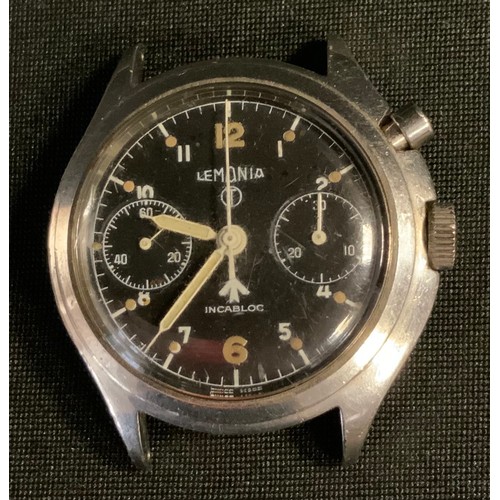 162 - Post war British Army Lemania single button Chronometer watch head, black dial, twin subsidiary regi... 