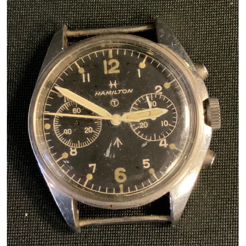 163 - Post War British Military issue 1970s Hamilton Chronometer watch head, black dial, twin subsidiary r... 