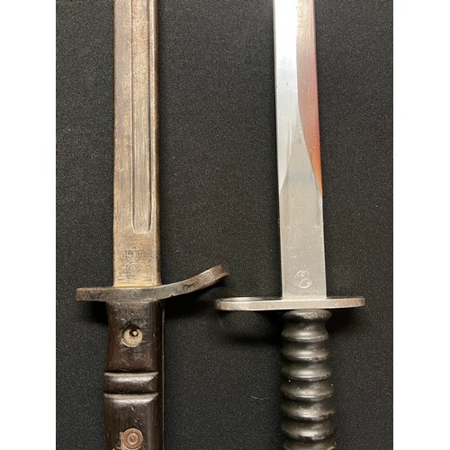 170 - Swiss M1957 Bayonet with double edged blade 235mm in length, maker marked, overall length 370mm, com... 