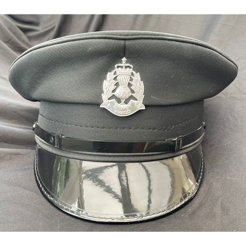 188 - Scottish Police Officers Cap. Complete with Queens Crown Cap Badge and double chinstraps. Leather sw... 