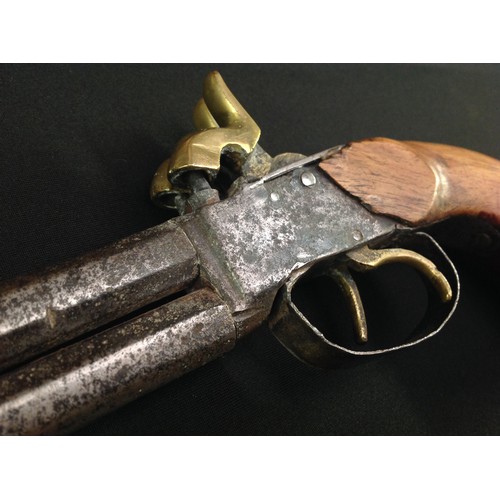 221 - A double barreled percussion cap pistol with 144mm long barrels. Bore apparox 11mm. Overall length 2... 