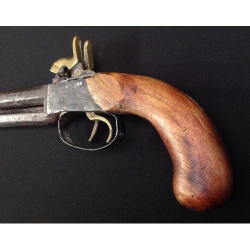 221 - A double barreled percussion cap pistol with 144mm long barrels. Bore apparox 11mm. Overall length 2... 