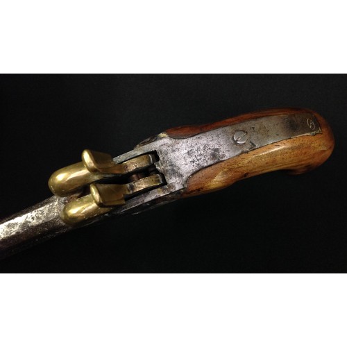 221 - A double barreled percussion cap pistol with 144mm long barrels. Bore apparox 11mm. Overall length 2... 