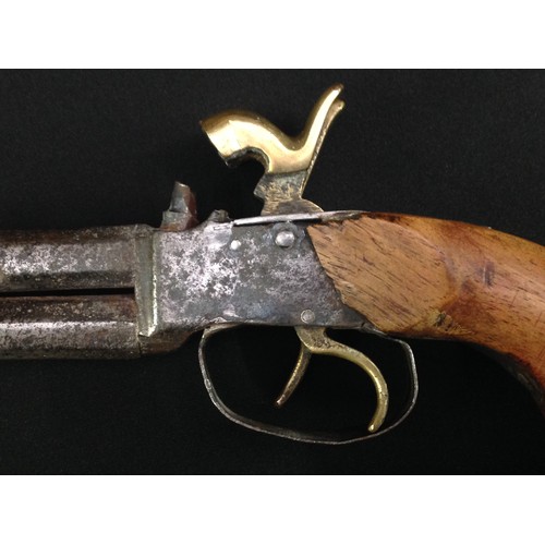 221 - A double barreled percussion cap pistol with 144mm long barrels. Bore apparox 11mm. Overall length 2... 