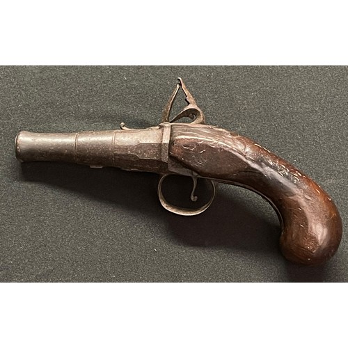 227 - Flintlock Pocket Pistol with 75mm long barrel, bore approx 12mm, overall length 175mm. Working actio... 