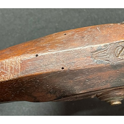 228 - Flintlock Pistol with 195mm long barrel, bore approx 14mm, overall length 340mm, maker marked 