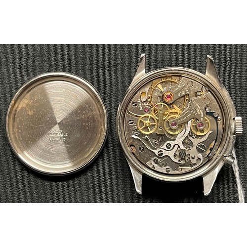 162 - Post war British Army Lemania single button Chronometer watch head, black dial, twin subsidiary regi... 